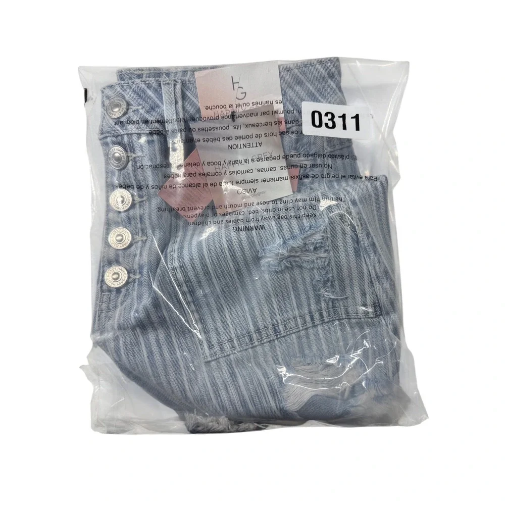 Happily Grey Super High Rise Wedge Striped Distressed Denim Shorts Blue White 25 - Picture 11 of 11
